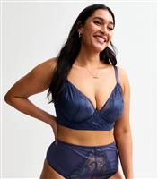 Women's Plus Size Navy Foiled Lace Non Padded Bra Curves New Look
