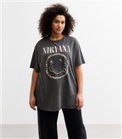 Women's Plus Size Dark Grey Nirvana Leopard Smiley Print T-Shirt Curves New Look