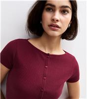 Women's Burgundy Cap Sleeve Buttoned Rib T-Shirt New Look