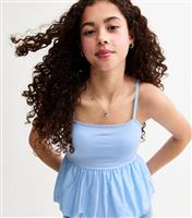Girls' Blue Poplin Babydoll Peplum Hem Top New Look