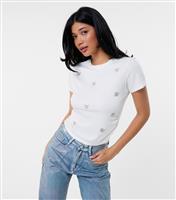 Women's Off White Butterfly Embroidered T-Shirt Pink Vanilla New Look