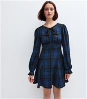 Women's Blue Crinkled Jersey Checked Mini Skater Dress New Look