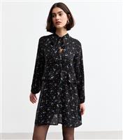 Women's Black Floral Print Tie Neck Mini Dress New Look