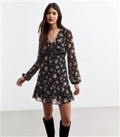 Women's Black Floral Chiffon Long Sleeve Mini Dress New Look