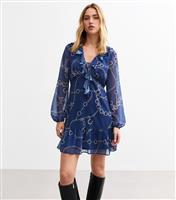 Women's Blue Chiffon Chain Print Mini Dress New Look