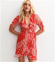 Women's Red Ditsy Print Chiffon Frill Trim Wrap Mini Dress New Look