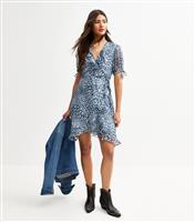 Women's Blue Leopard Print Wrap Mini Dress New Look