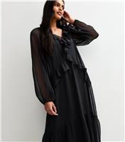 Women's Black Frilly Trim Chiffon Midi Dress New Look