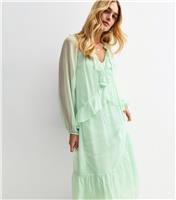 Women's Light Green Frilly Trim Chiffon Midi Dress New Look