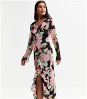 Women's Black Chiffon Floral Print Ruffled Midi Dress New Look