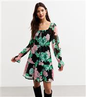 Women's Black Floral Print Crinkled Chiffon Mini Dress New Look