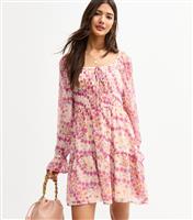 Women's White Floral Print Chiffon Long Sleeve Milkmaid Mini Dress New Look
