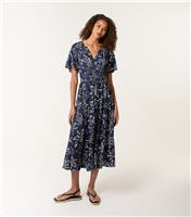 Women's Navy Leaf Print Notch Neck Midi Dress Blue Vanilla New Look