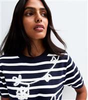 Women's White Embroidered Stripe Knitted Top Blue Vanilla New Look