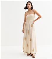 Women's Cream Embroidered Shirred Maxi Dress Blue Vanilla New Look