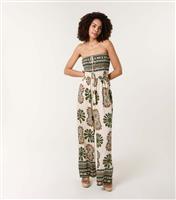 Women's Khaki Printed Strapless Jumpsuit Blue Vanilla New Look