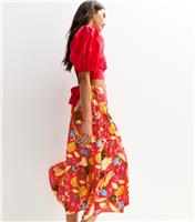 Women's Red Tropical Print Lightweight Tiered Midi Skirt New Look