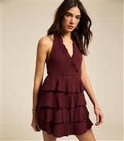 Women's Burgundy Ruffled Halterneck Micro Mini Dress New Look