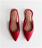 Women's Bright Red Faux Leather Pointed Toe Slingback Ballet Flats Vegan New Look