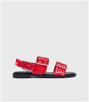Women's Bright Red Faux Patent Leather Buckled Sandals London Rebel New Look