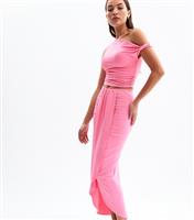 Women's Bright Pink Frill Trim Slit Hem Midi Skirt New Look