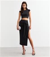 Women's Black Tie Front Slit Jersey Midi Skirt New Look