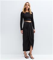 Women's Black Ruched Wrap Midi Skirt New Look