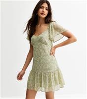Women's Green Daisy Print Tiered Hem Chiffon Mini Dress New Look