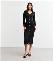 Women's Black Ribbed Button Detail Midi Dress New Look