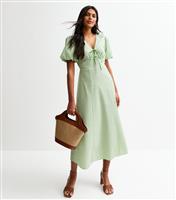 Women's Green Gingham Check Tie Neck Midi Dress New Look