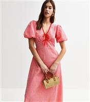 Women's Red Gingham Check Tie Neck Midi Dress New Look