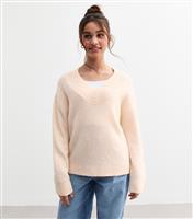 Girls' Off White Ribbed Trim Knitted V Neck Jumper New Look
