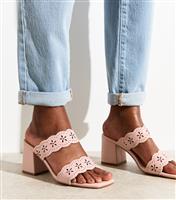 Women's Wide Fit Pink Faux Leather Cutout Block Heel Mules Vegan New Look
