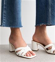 Women's White Woven Strap Block Heel Sandals Vegan New Look
