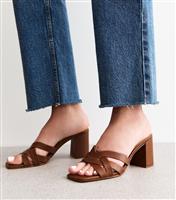 Women's Camel Brown Woven Strap Block Heel Sandals Vegan New Look