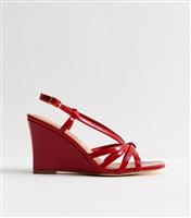 Women's Red Faux Leather Strappy Wedge Sandals Vegan New Look