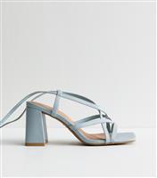 Women's Blue Faux Leather Tie Up Block Heel Sandals Vegan New Look