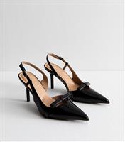 Women's Black Faux Patent Bow Appliqued Slingback Court Shoes Vegan New Look