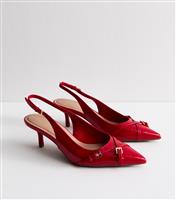 Women's Red Buckle Detail Patent Slingback Court Shoes Vegan New Look