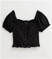Women's Petite Black Broderie Anglaise Jersey Puff Sleeve Top New Look