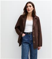 Women's Dark Brown Faux Suede Button Up Jacket New Look