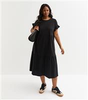 Women's Plus Size Black Frilly Sleeve Tiered Midi Dress Curves New Look