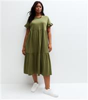 Women's Plus Size Khaki Frilly Sleeve Tiered Midi Dress Curves New Look