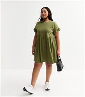 Women's Plus Size Khaki Frilly Trimmed Mini Dress Curves New Look