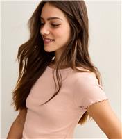 Women's Petite Light Pink Ribbed Lettuce Trim Short Sleeve T-Shirt New Look