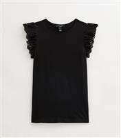Women's Petite Black Broderie Anglaise Sleeve Top New Look