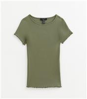Women's Tall Dark Khaki Ribbed Jersey Lettuce Trim Tee New Look