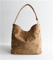 Tan Faux Suede Studded Shoulder Bag New Look