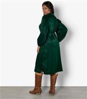 Women's Curve Green Satin Shirt Dress Apricot New Look