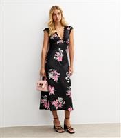 Women's Black Floral Print Lace Trimmed Satin Midi Dress New Look
